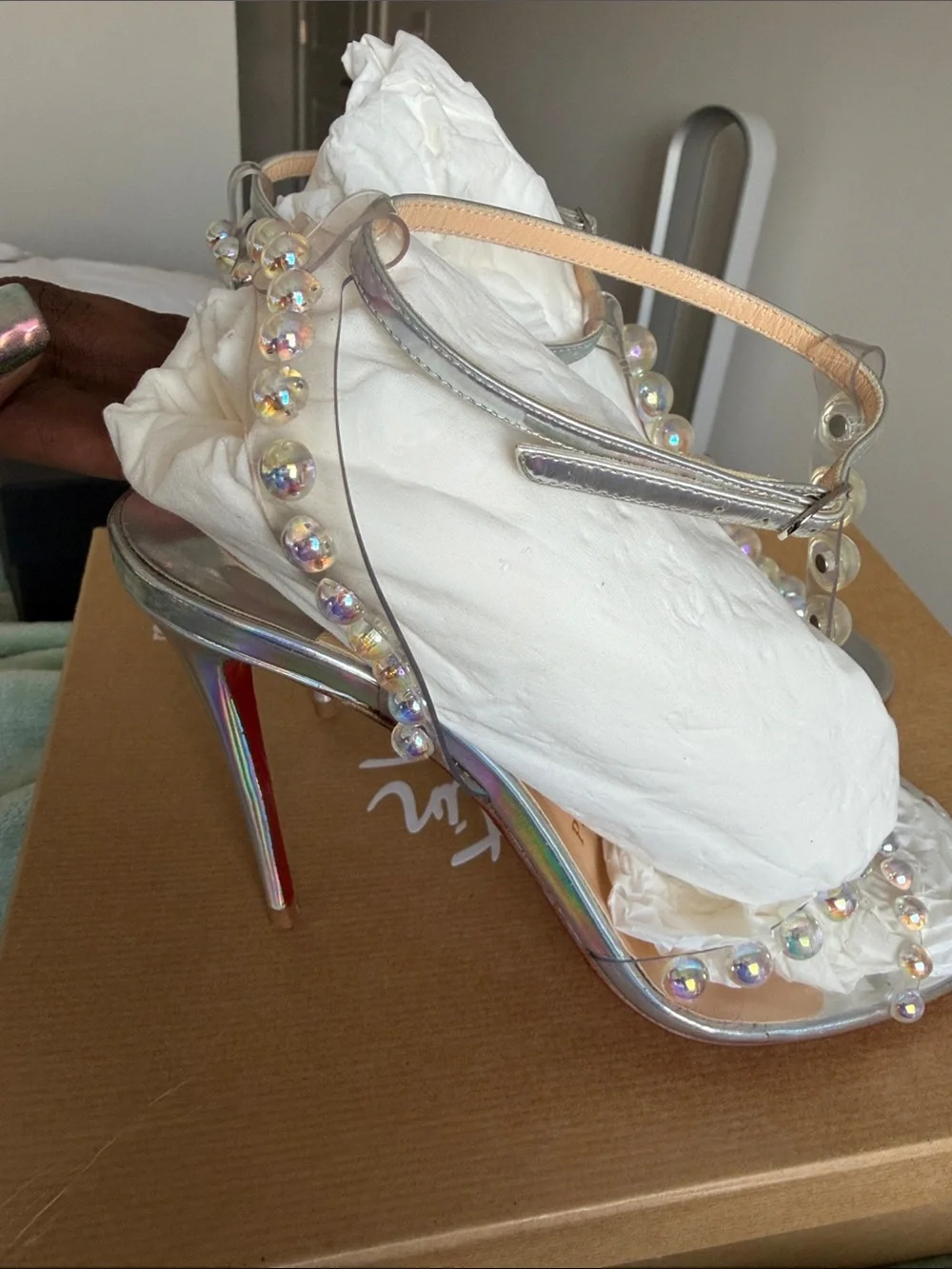 Christian Louboutin Silver Crystal-Embellished Strappy Heels